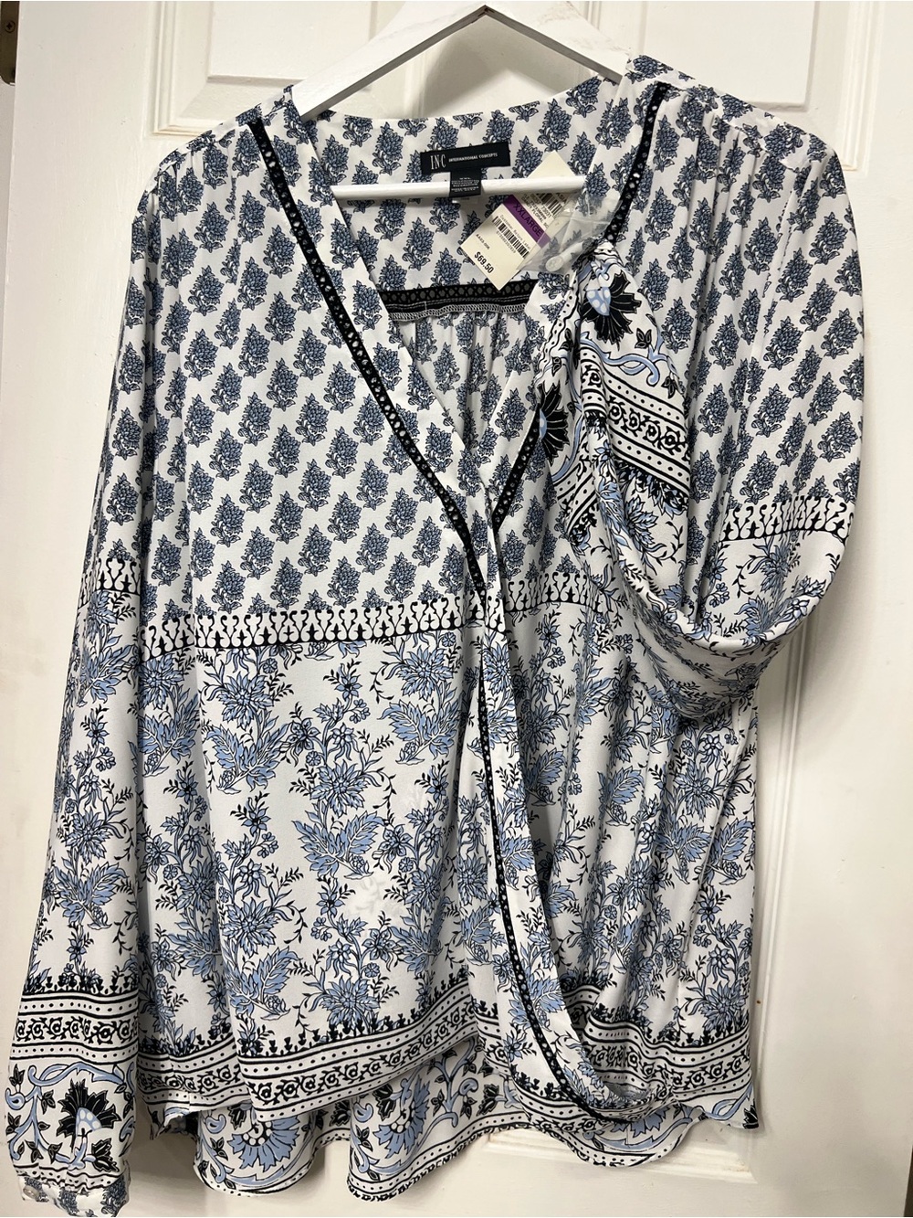 INC International Concepts Blue & White Printed Wrap-Style Blouse